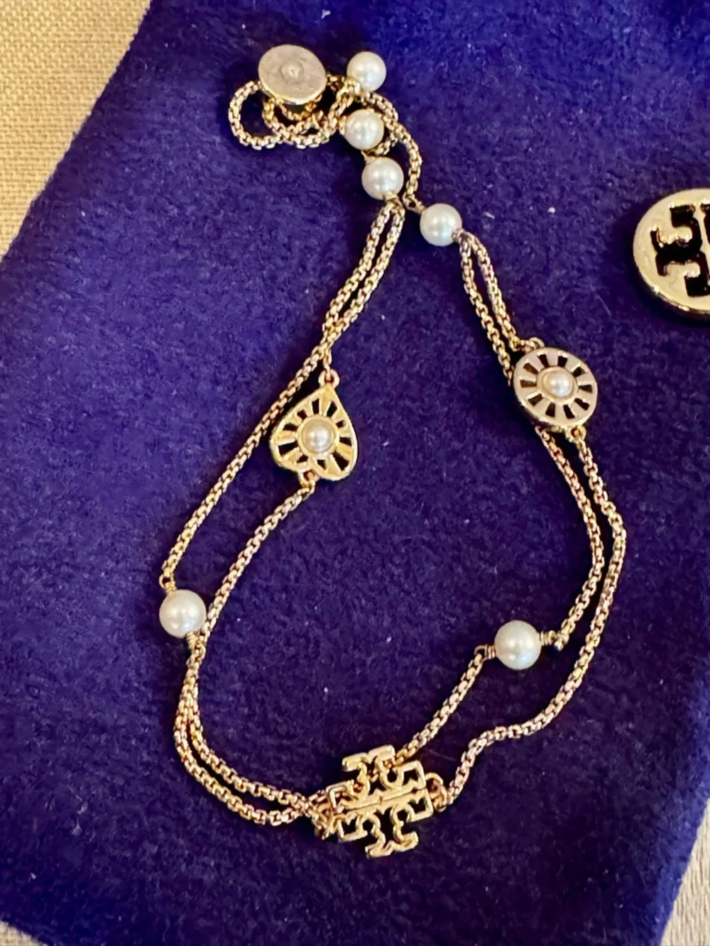 Tory Burch Gold Tone Double-Chain Bracelet with Pearl Accents - Picture 3 of 5